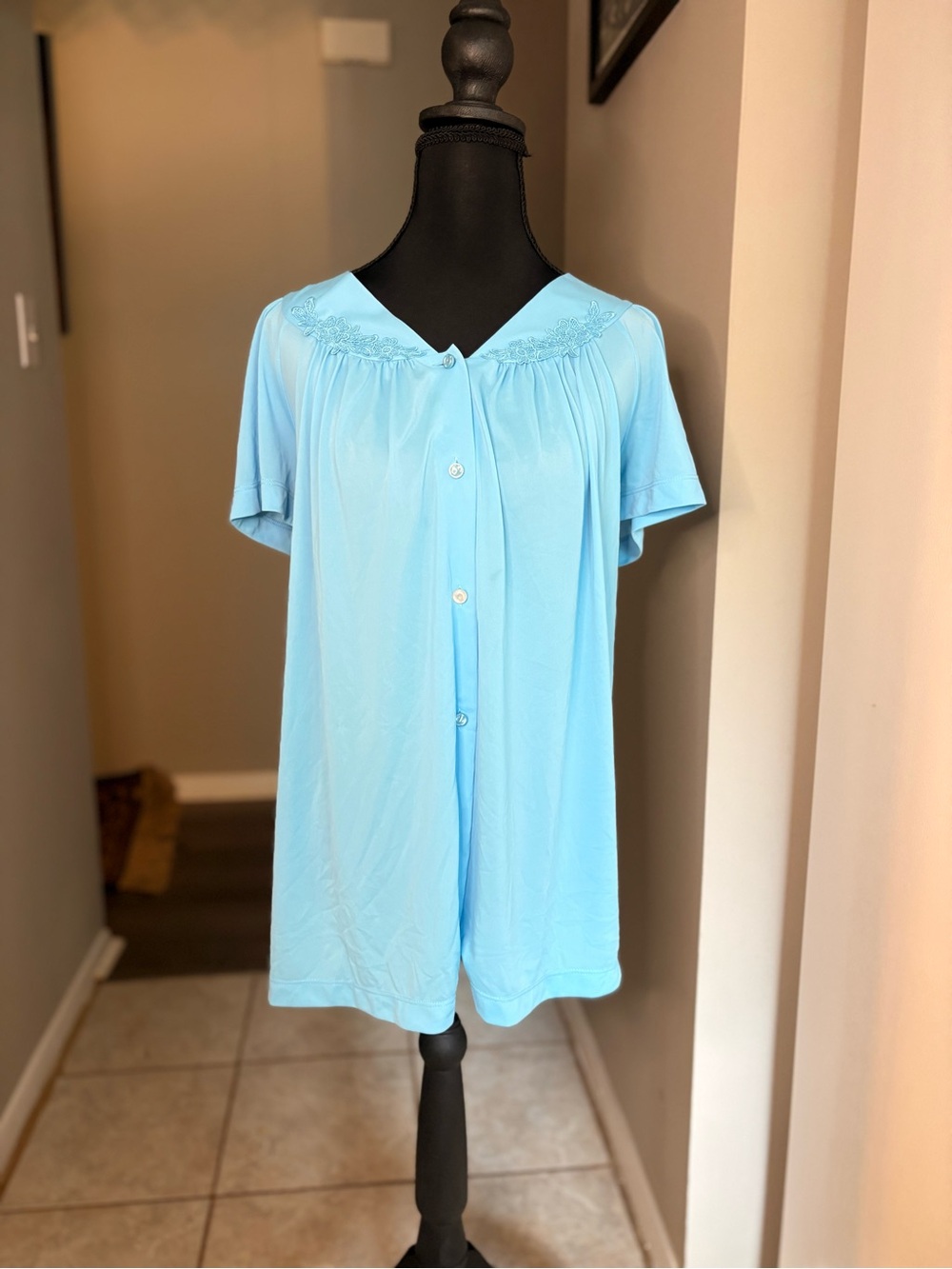 Miss Elaine Light Blue Short Button-Front Nightshirt
